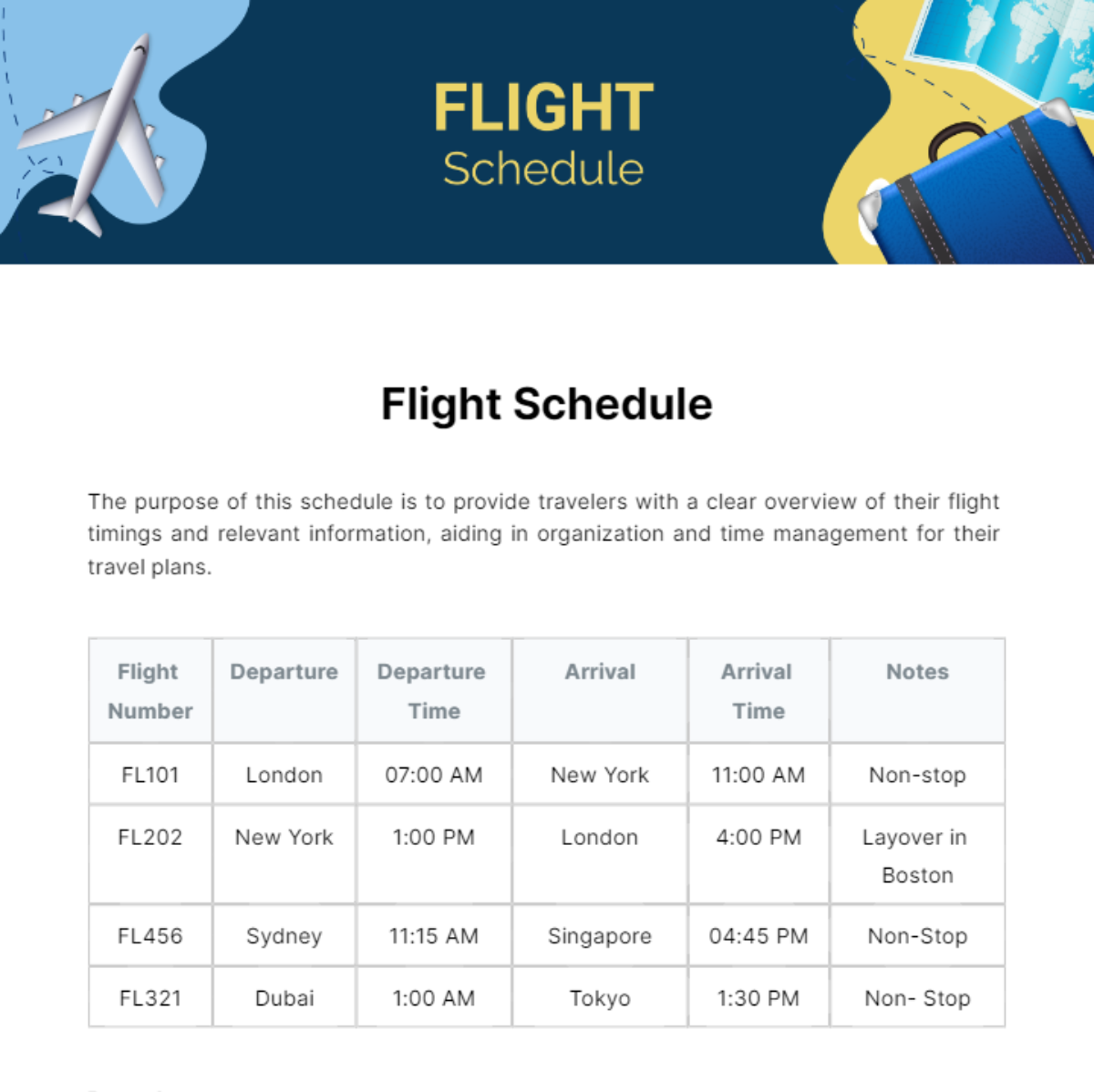 Flight Schedule Template - Edit Online & Download Example | Template.net