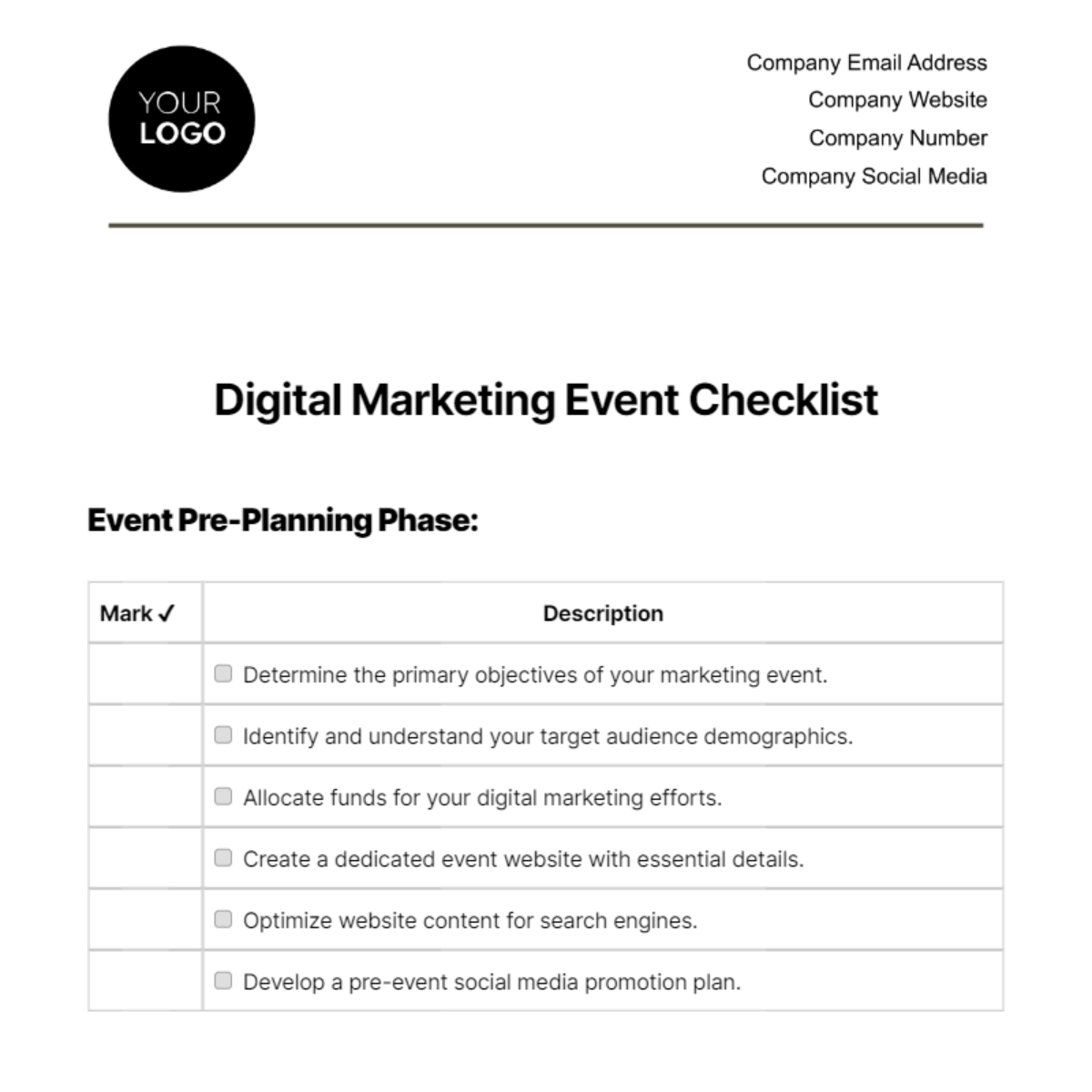 Digital Marketing Event Checklist Template