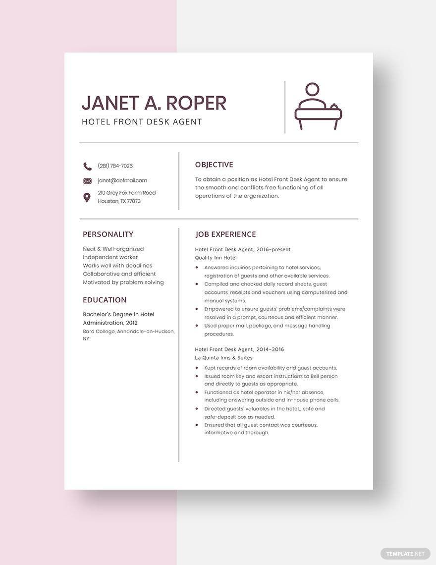 Free Hotel Front Desk Agent Resume in Word, Apple Pages
