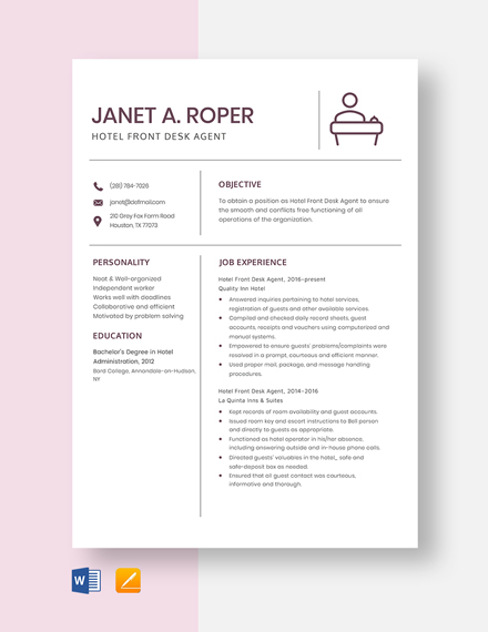 Front Desk Receptionist Resume Template Word Doc Apple Mac