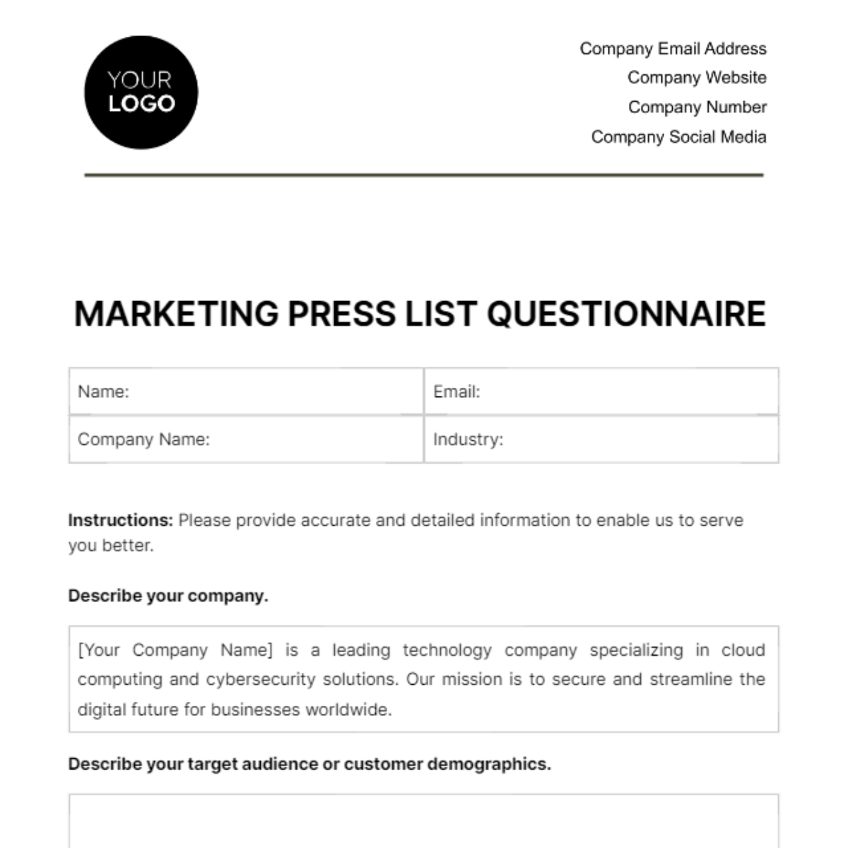 Marketing Press List Questionnaire Template