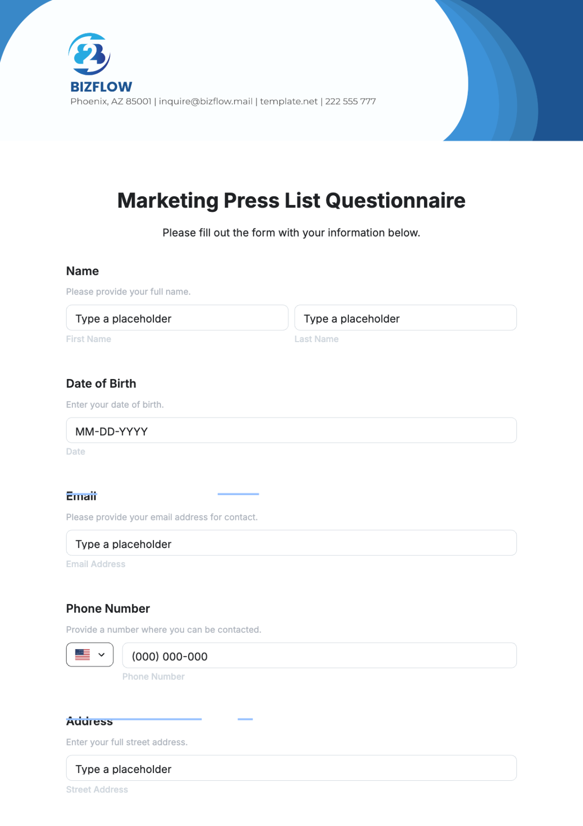 Free Marketing Press List Questionnaire Template to Edit Online