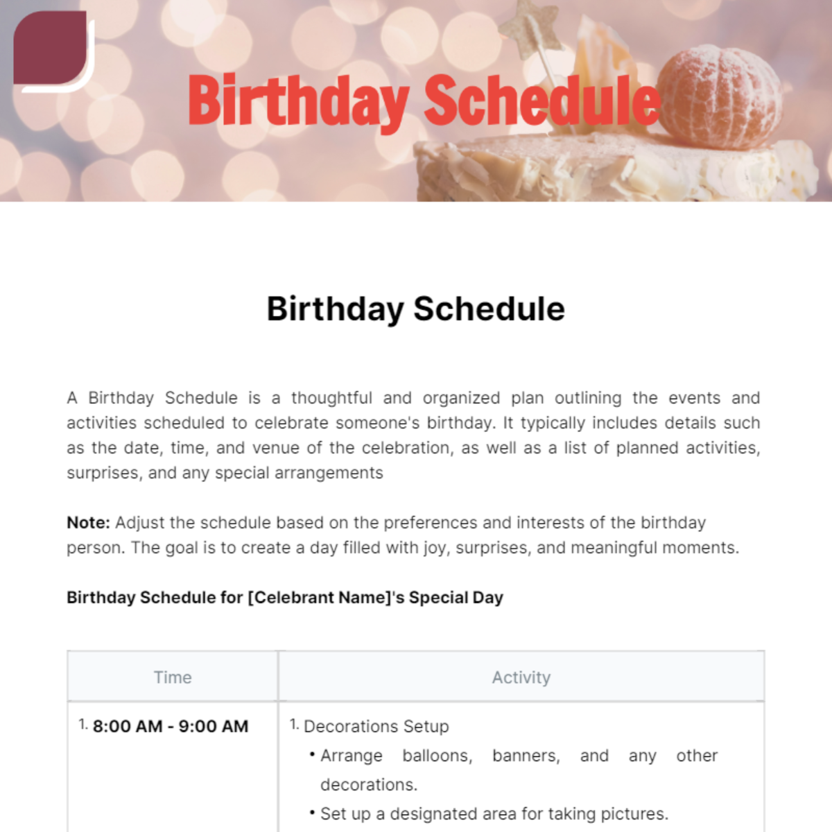 Birthday Schedule Template - Edit Online & Download