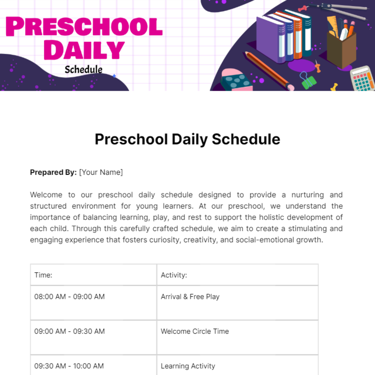 Preschool Daily Schedule Template - Edit Online & Download