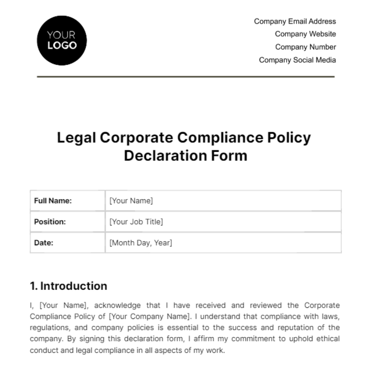 Legal Corporate Compliance Policy Declaration Form Template