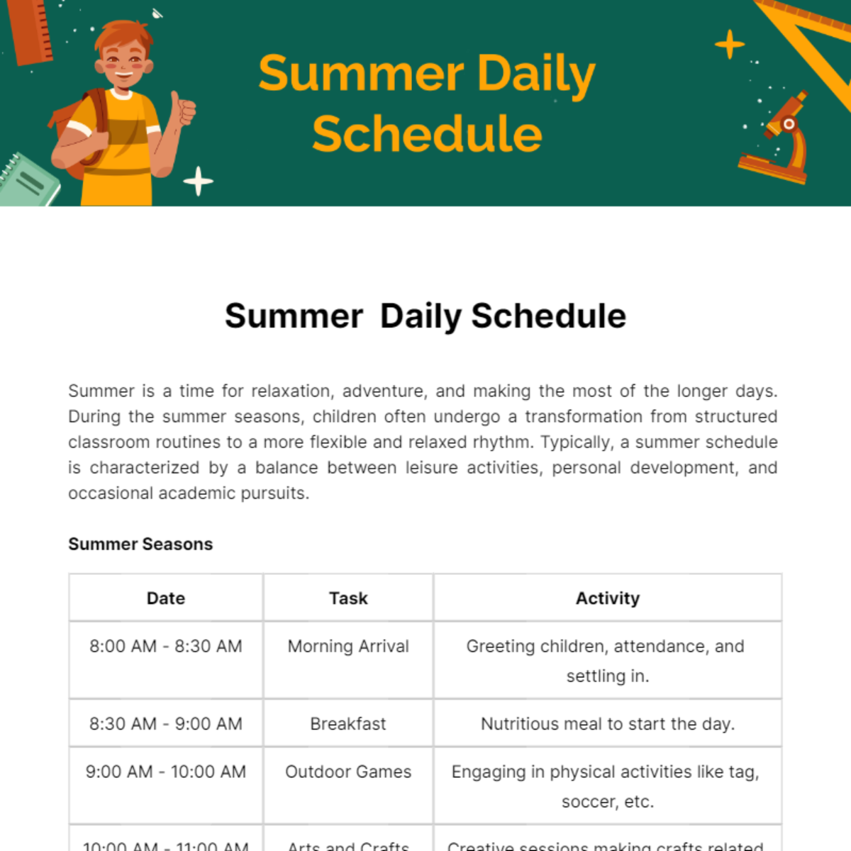 Summer Daily Schedule Template - Edit Online & Download