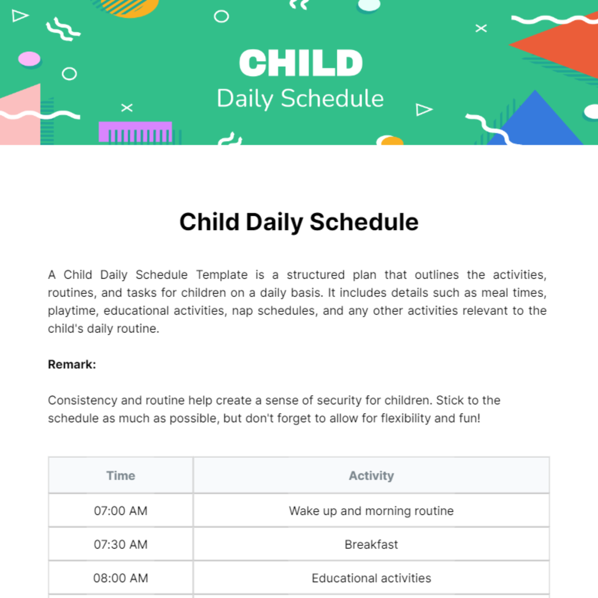 Child Daily Schedule Template - Edit Online & Download