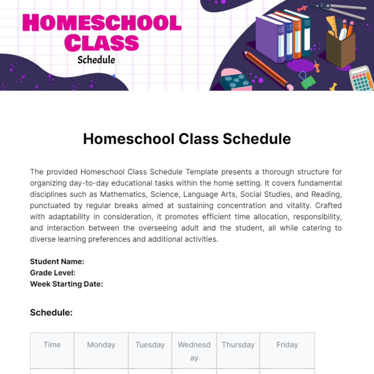 Homeschool Class Schedule Template - Edit Online & Download