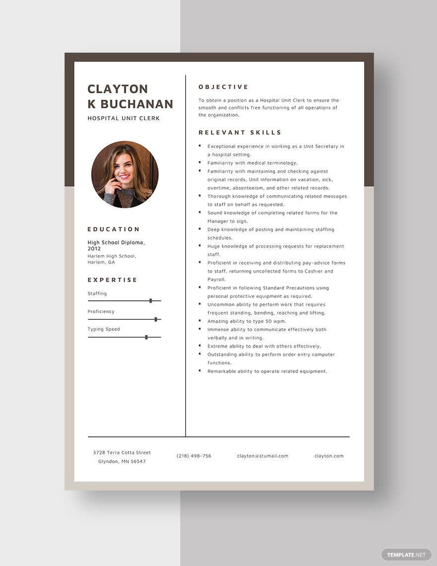 Free Hospital Unit Clerk Resume in Word, Apple Pages