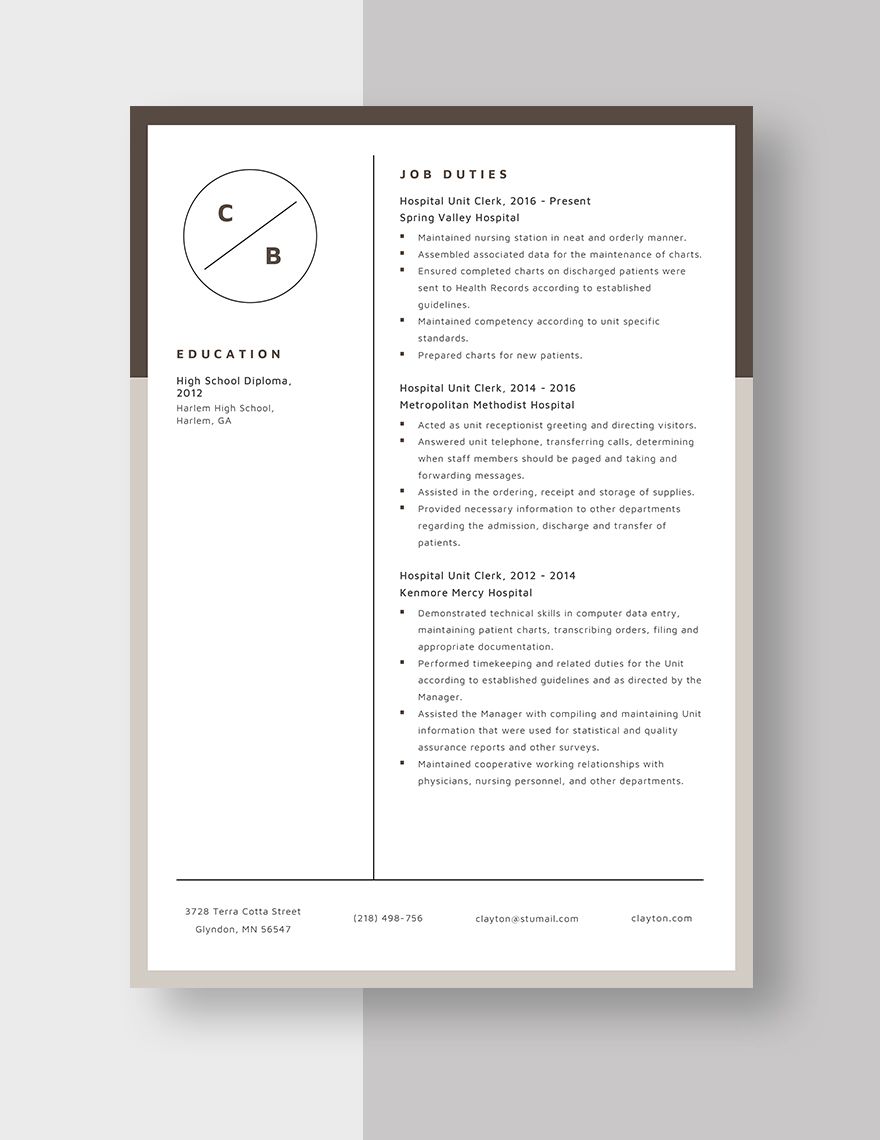 Free Hospital Unit Clerk Resume Download In Word Apple Pages 