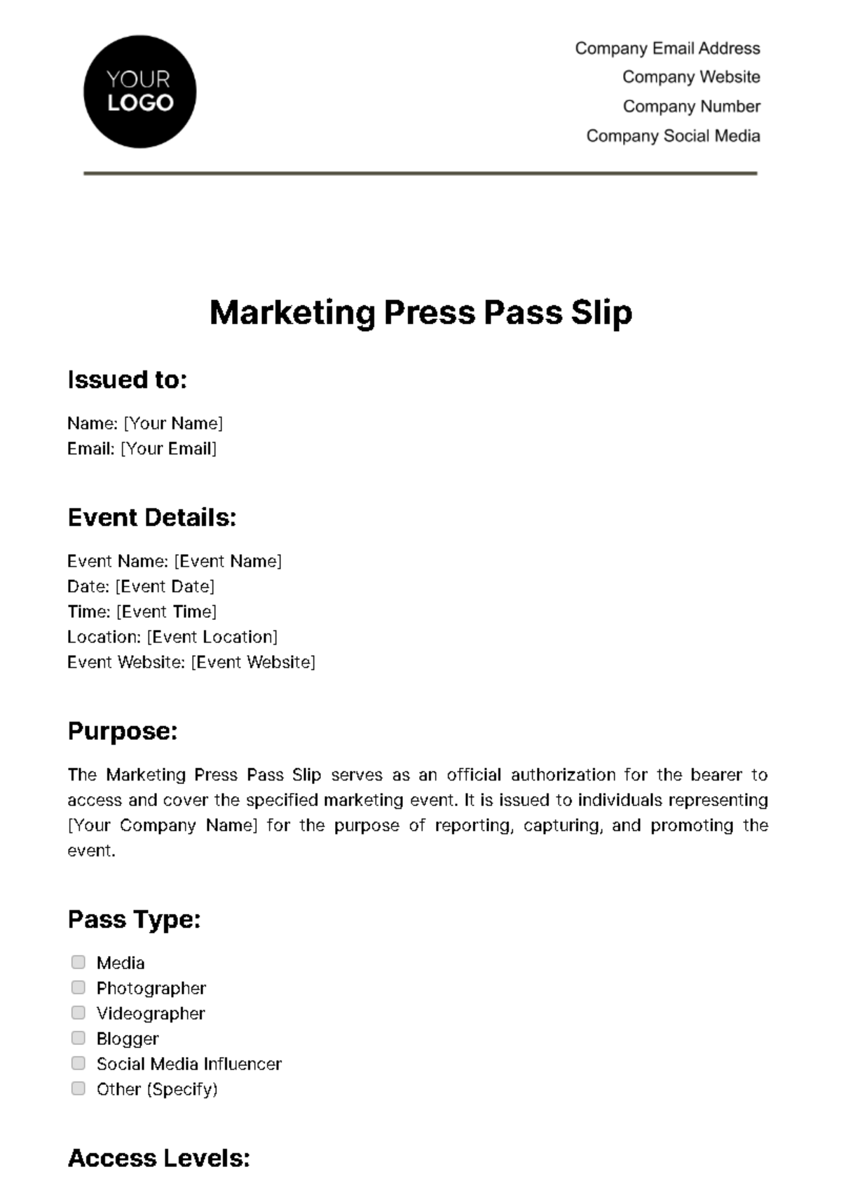 Marketing Press Pass Slip Template