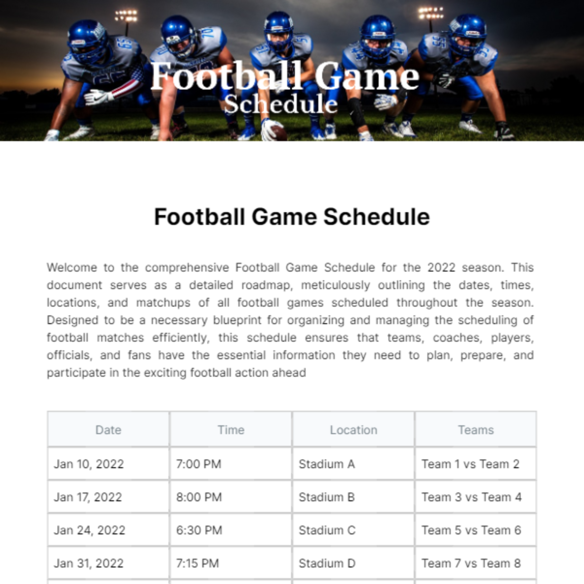 Football Game Schedule Template - Edit Online & Download