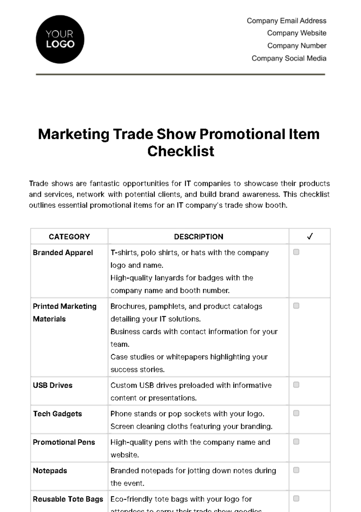 Free Marketing Trade Show Promotional Item Checklist Template