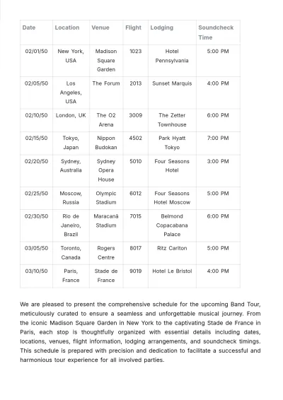 Free Band Tour Schedule Template to Edit Online
