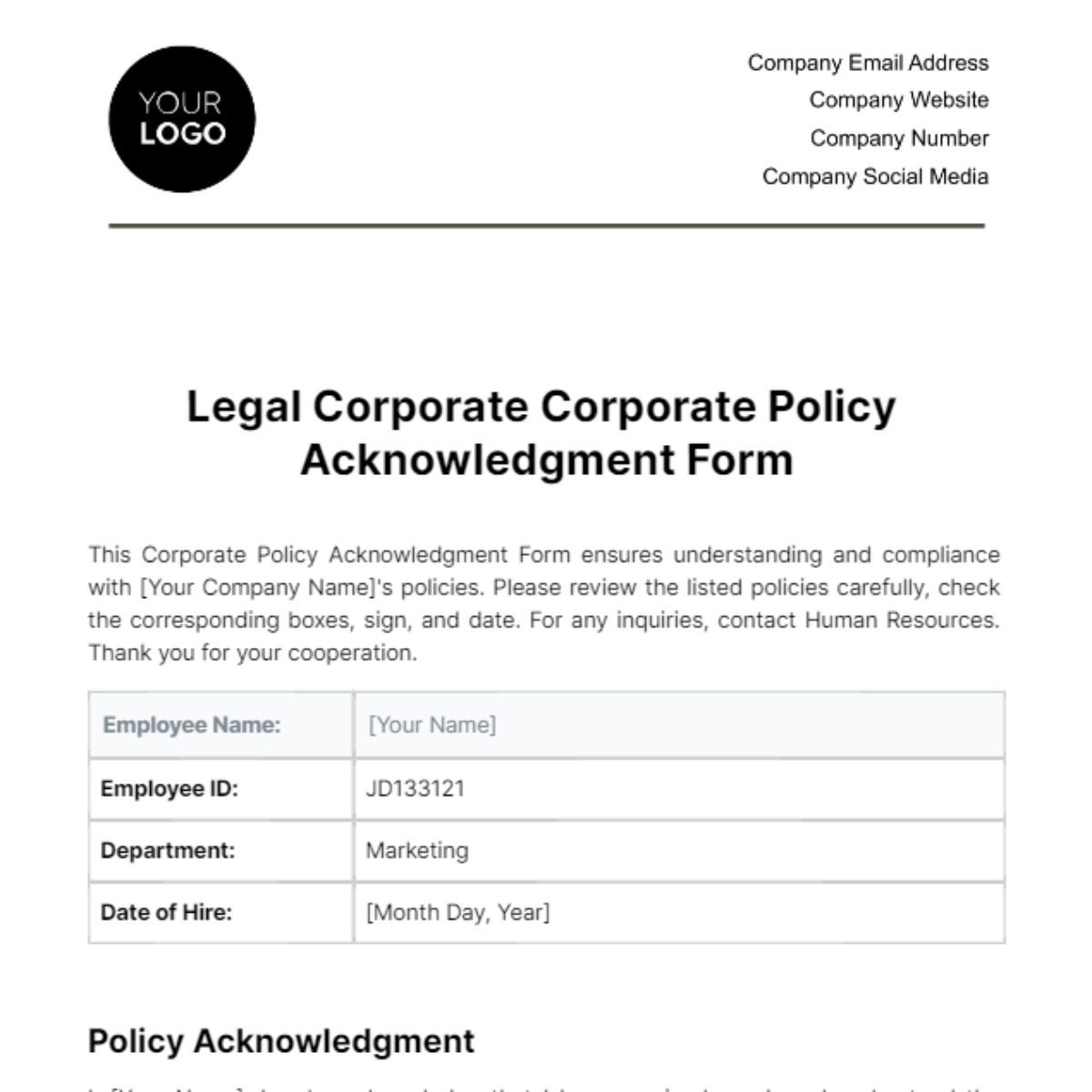 Legal Corporate Corporate Policy Acknowledgment Form Template