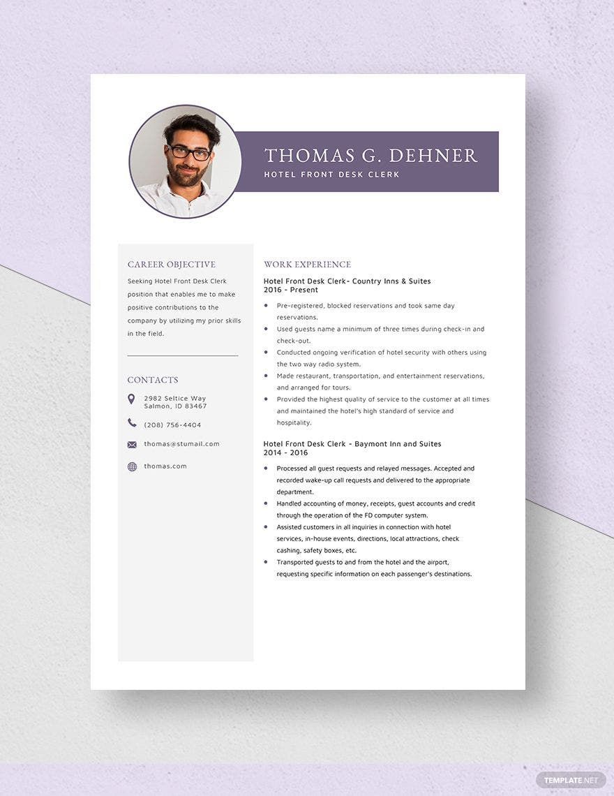 Hotel Front Desk Clerk Resume in Word, Apple Pages