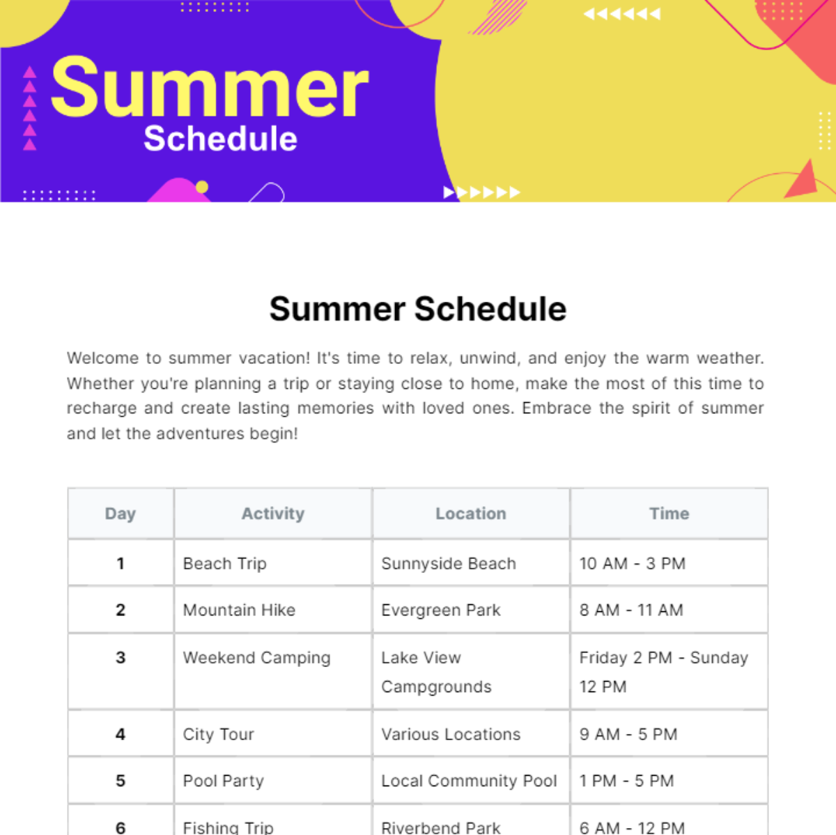 Summer Schedule Template - Edit Online & Download