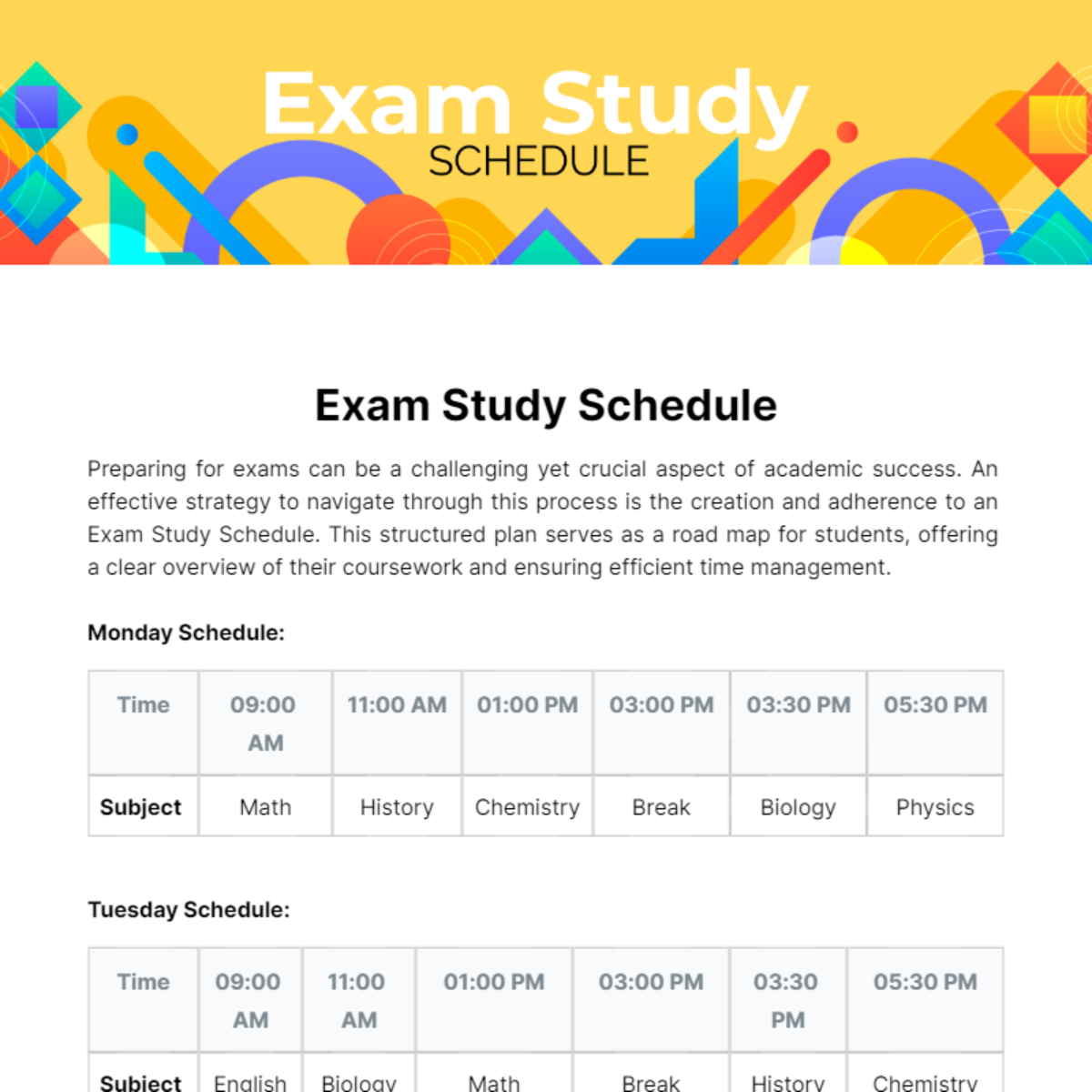 Exam Study Schedule Template - Edit Online & Download