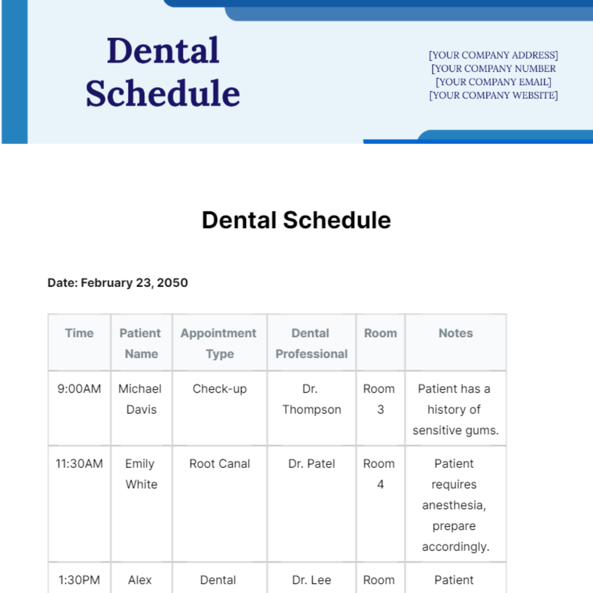 Dental Schedule Template Edit Online & Download Example