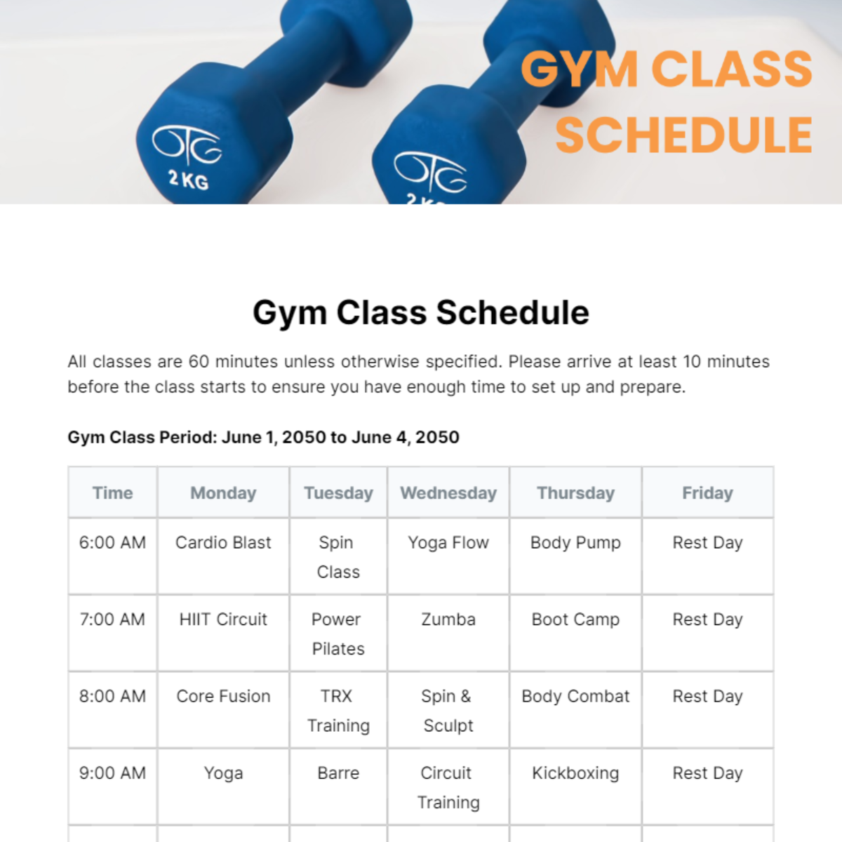 Gym Class Schedule Template - Edit Online & Download