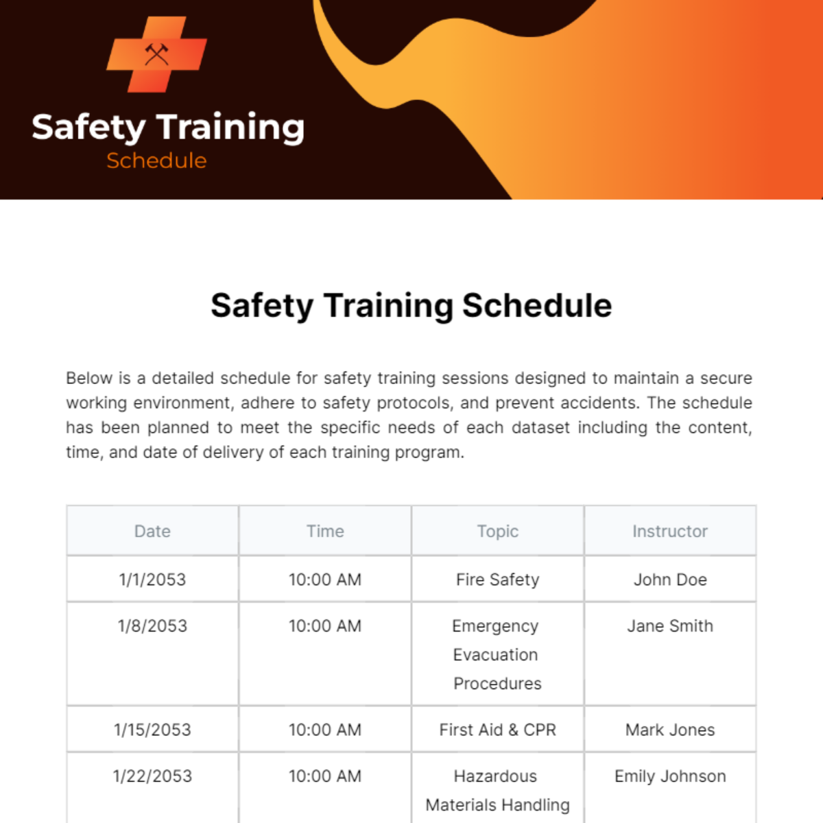 Safety Training Schedule Template - Edit Online & Download