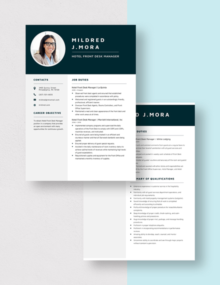 Hotel Front Desk Manager Resume CV Template Word Apple Pages