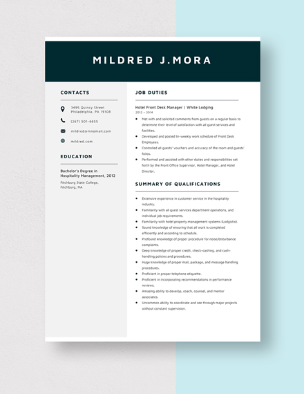 Hotel Front Desk Manager Resume Word Doc Apple Mac Pages