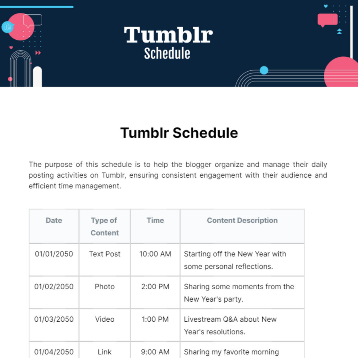 Tumblr Schedule Template - Edit Online & Download