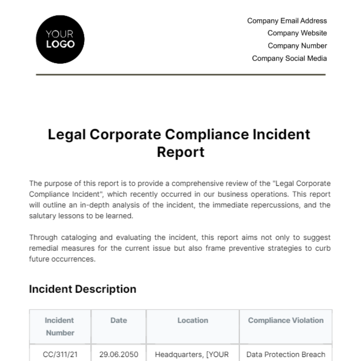 Legal Corporate Compliance Incident Report Template