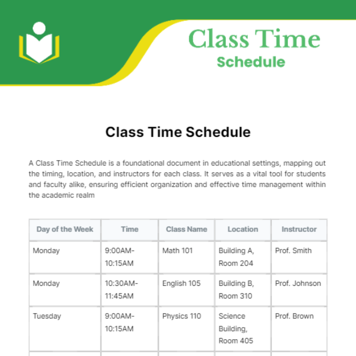 Class Time Schedule Template - Edit Online & Download