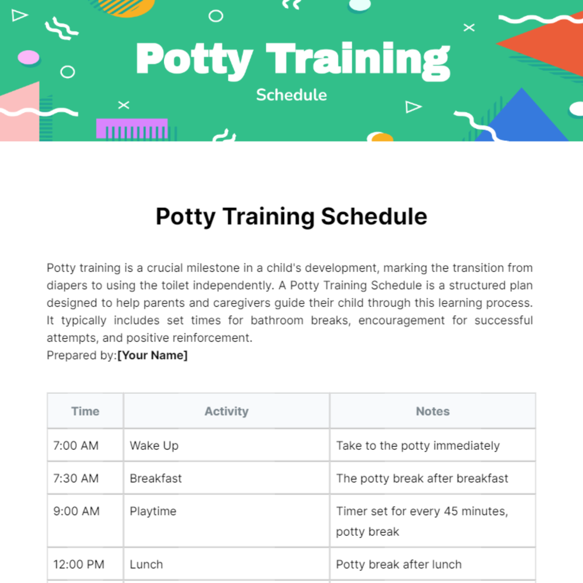 Potty Training Schedule Template - Edit Online & Download