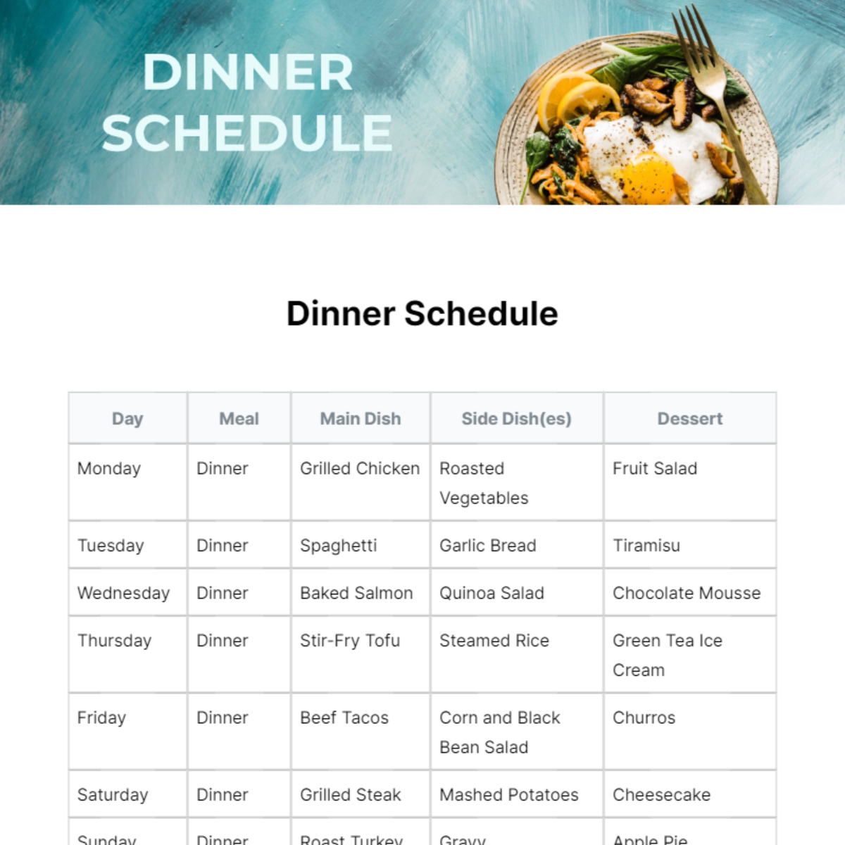 Dinner Schedule Template - Edit Online & Download