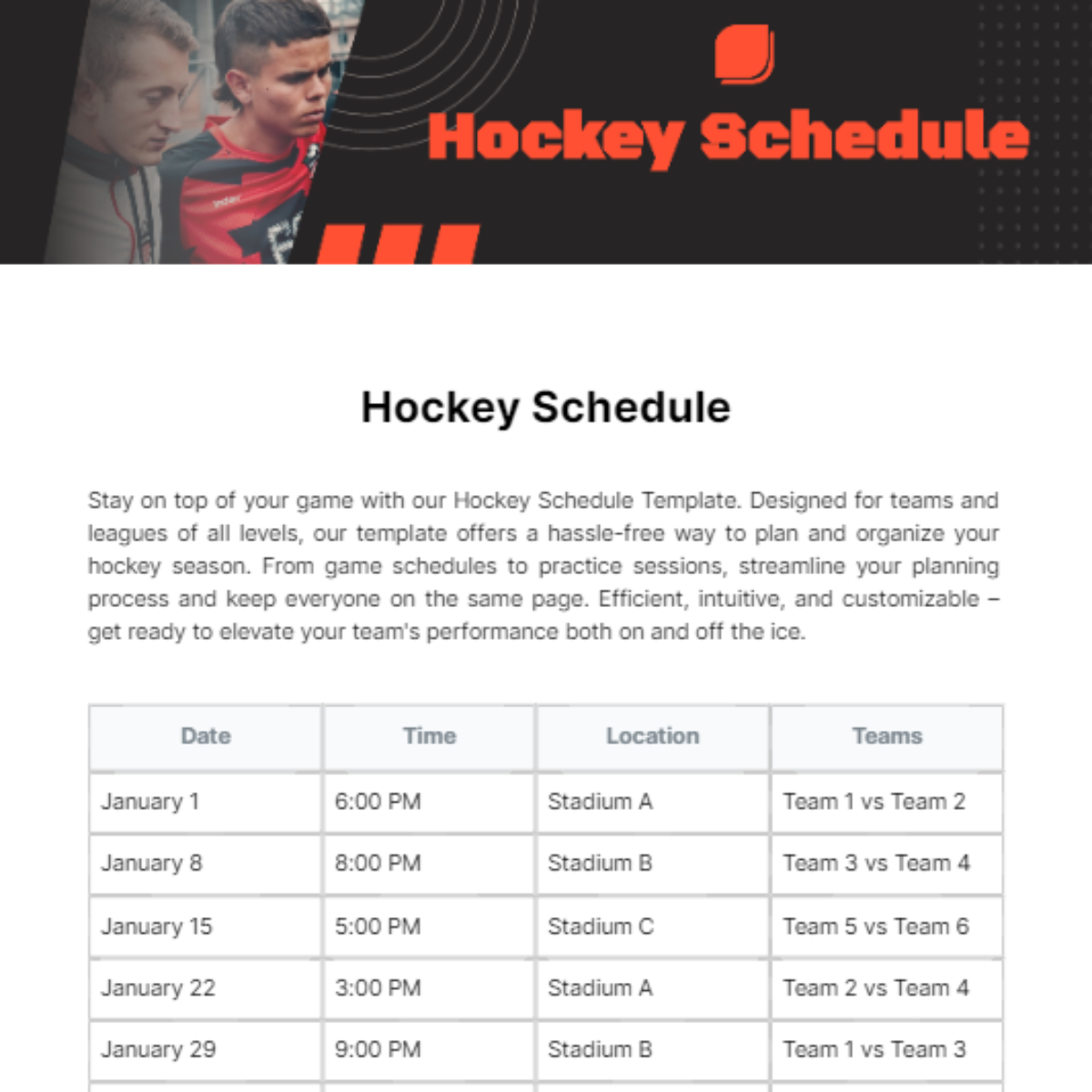 Hockey Schedule Template - Edit Online & Download