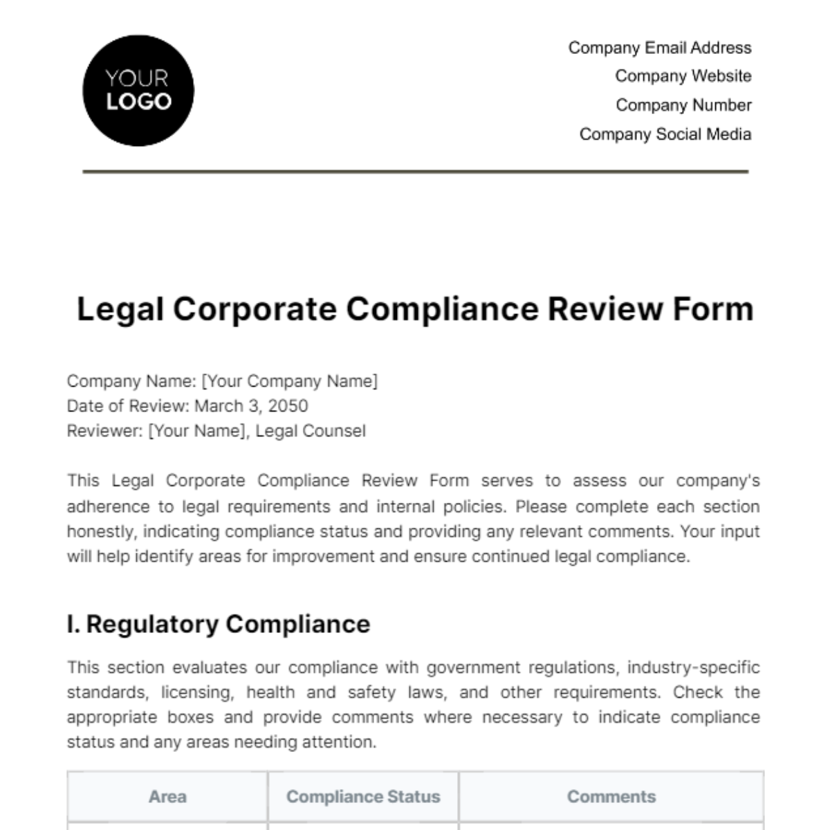 Legal Corporate Compliance Review Form Template