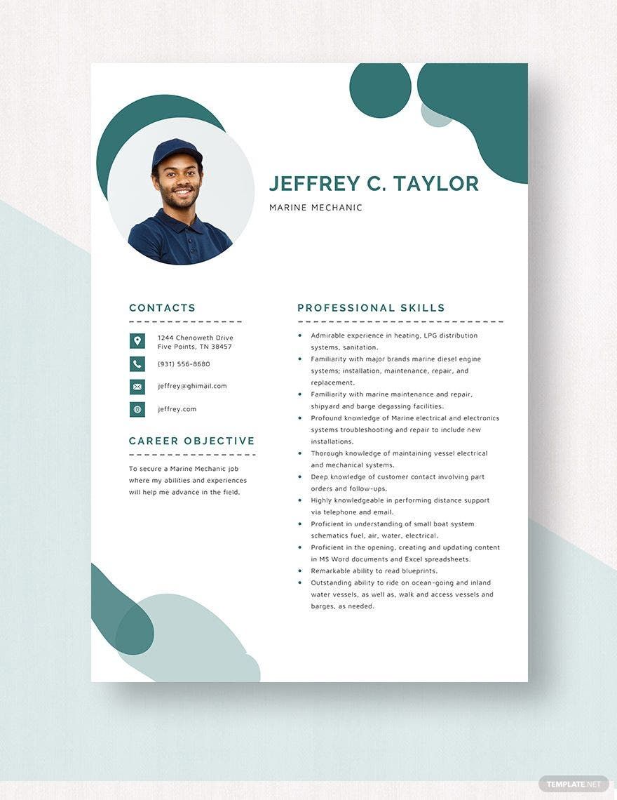 Free Marine Mechanic Resume in Word, Apple Pages