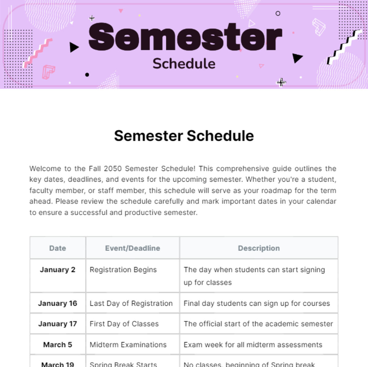 Semester Schedule Template - Edit Online & Download