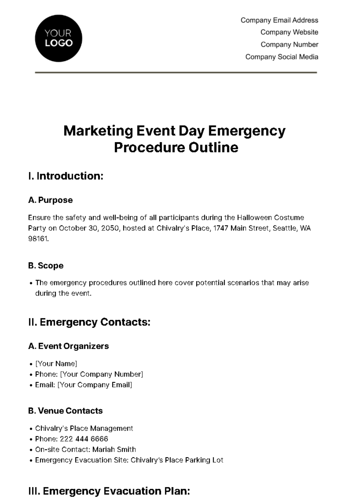Marketing Event Day Emergency Procedure Outline Template