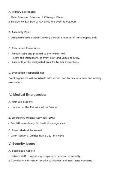 Free Marketing Event Day Emergency Procedure Outline Template to Edit Online
