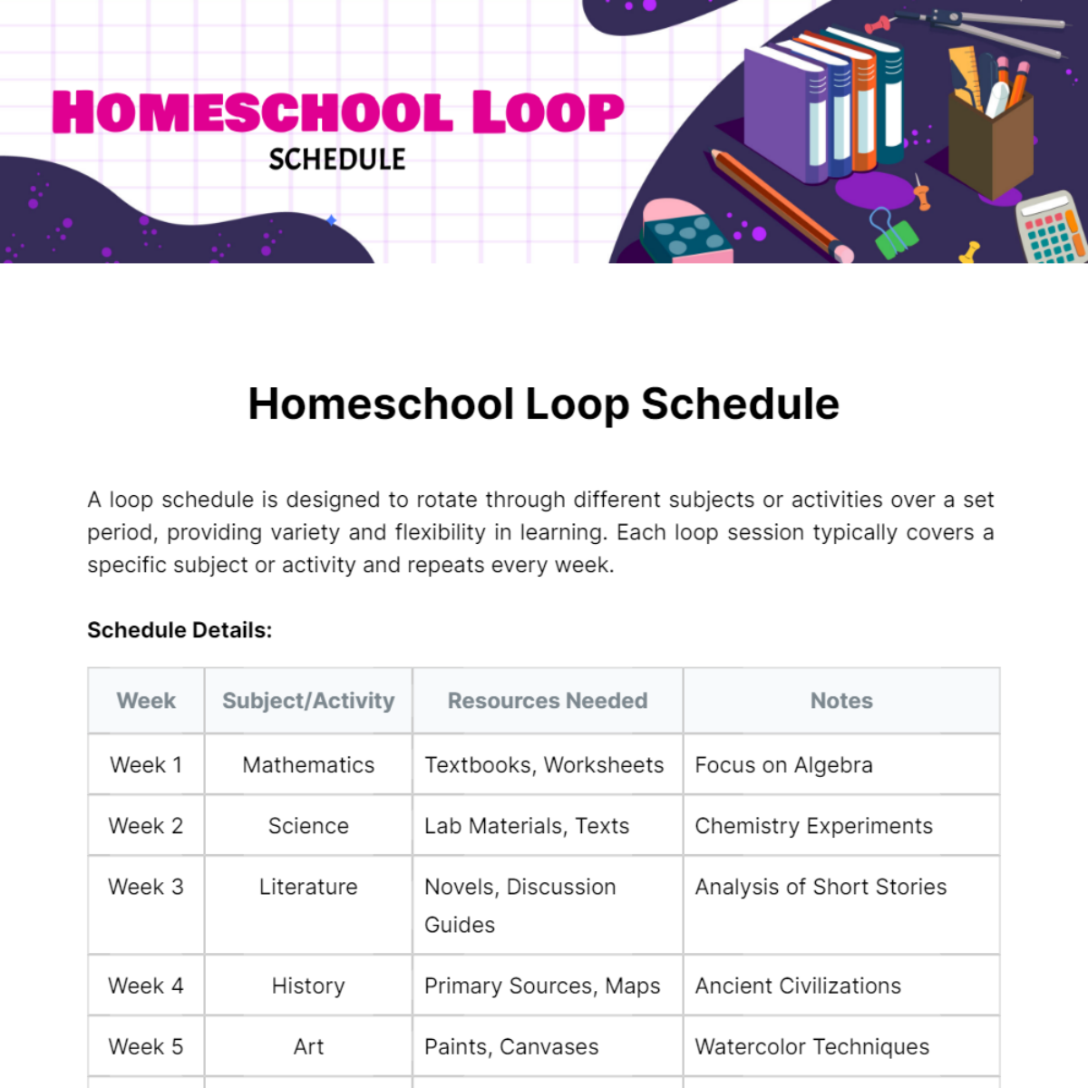 Homeschool Loop Schedule Template