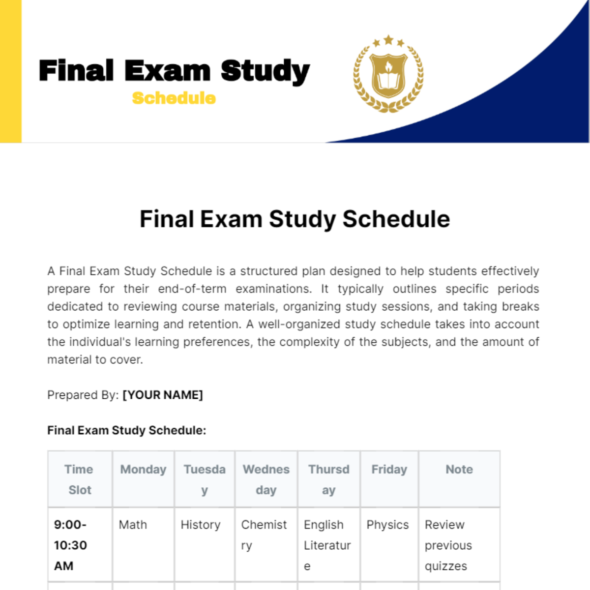 Final Exam Study Schedule Template Edit Online & Download Example