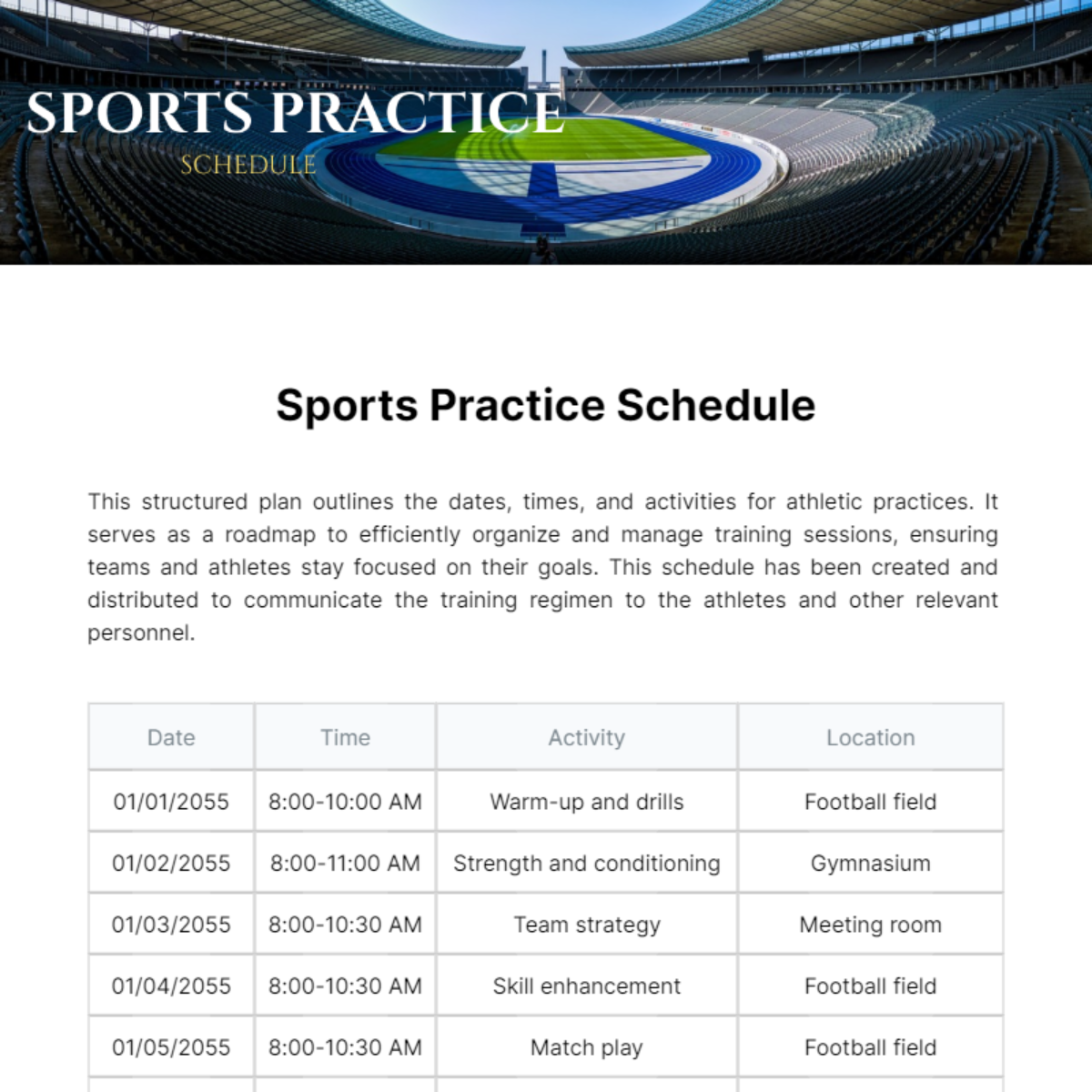 Sports Practice Schedule Template - Edit Online & Download