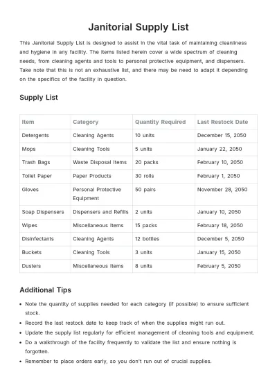 Free Janitorial Supply List Template to Edit Online