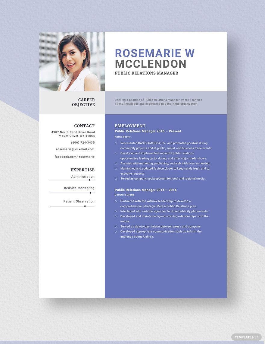 Public Relations Manager Resume in Word, Apple Pages