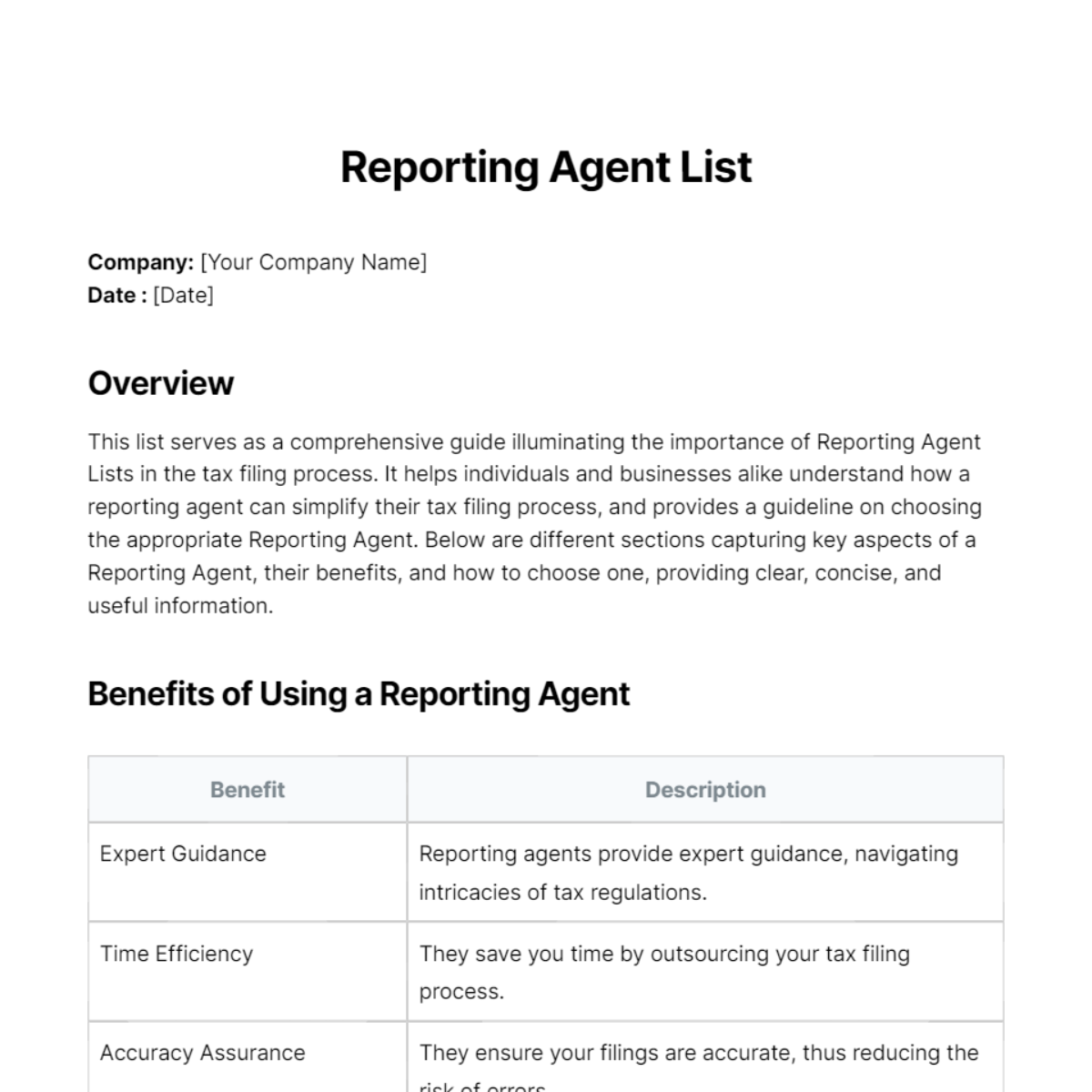 Reporting Agent List Template