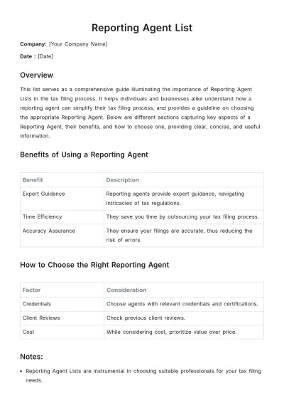 Free Reporting Agent List Template to Edit Online
