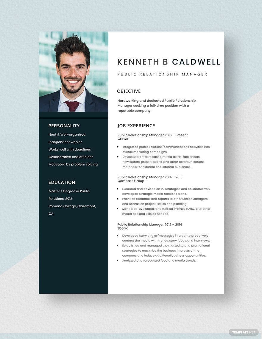 Public Relationship Manager Resume Template