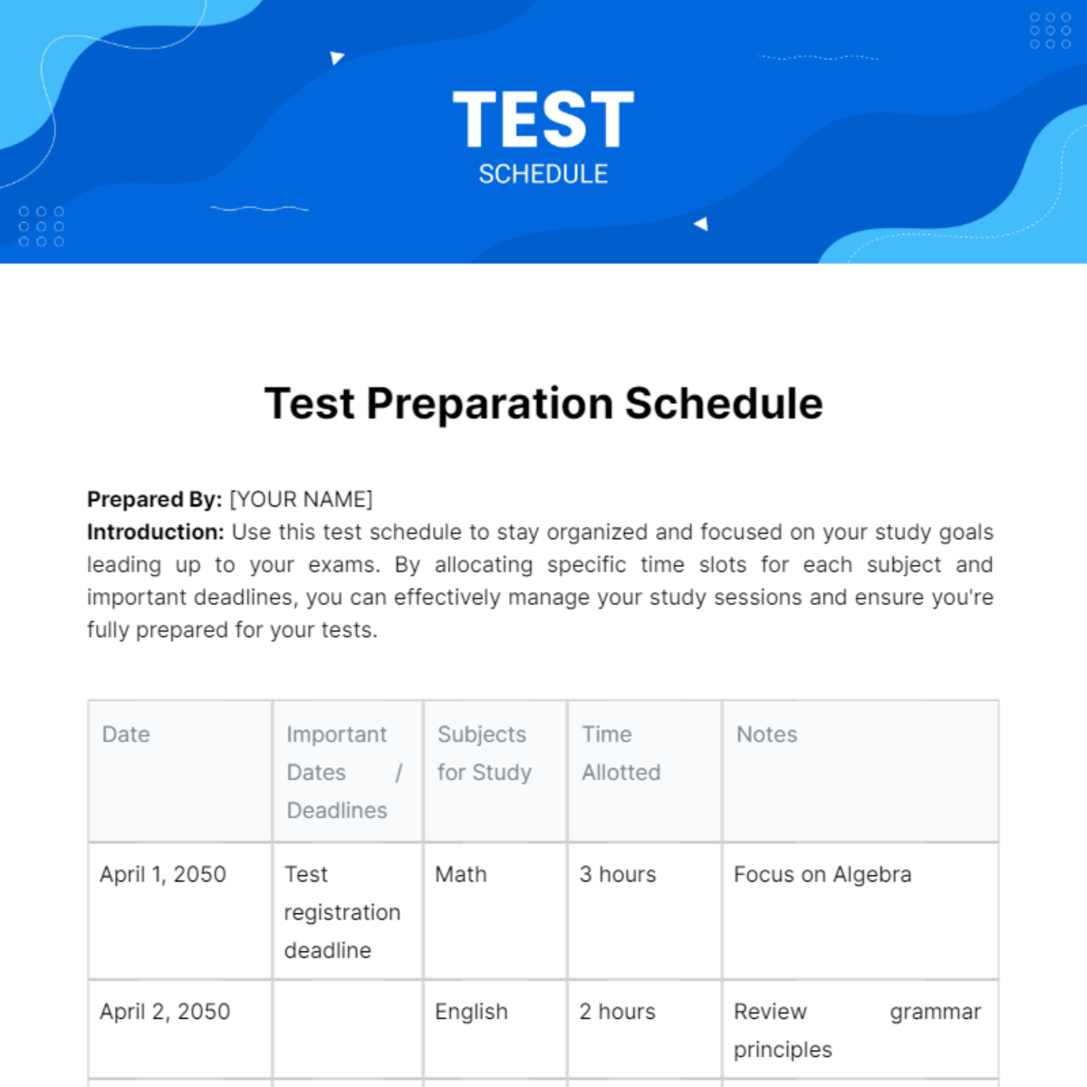 Test Schedule Template - Edit Online & Download