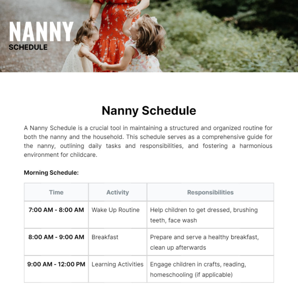 Nanny Schedule Template - Edit Online & Download