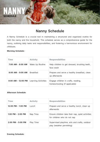 Free Nanny Schedule Template to Edit Online