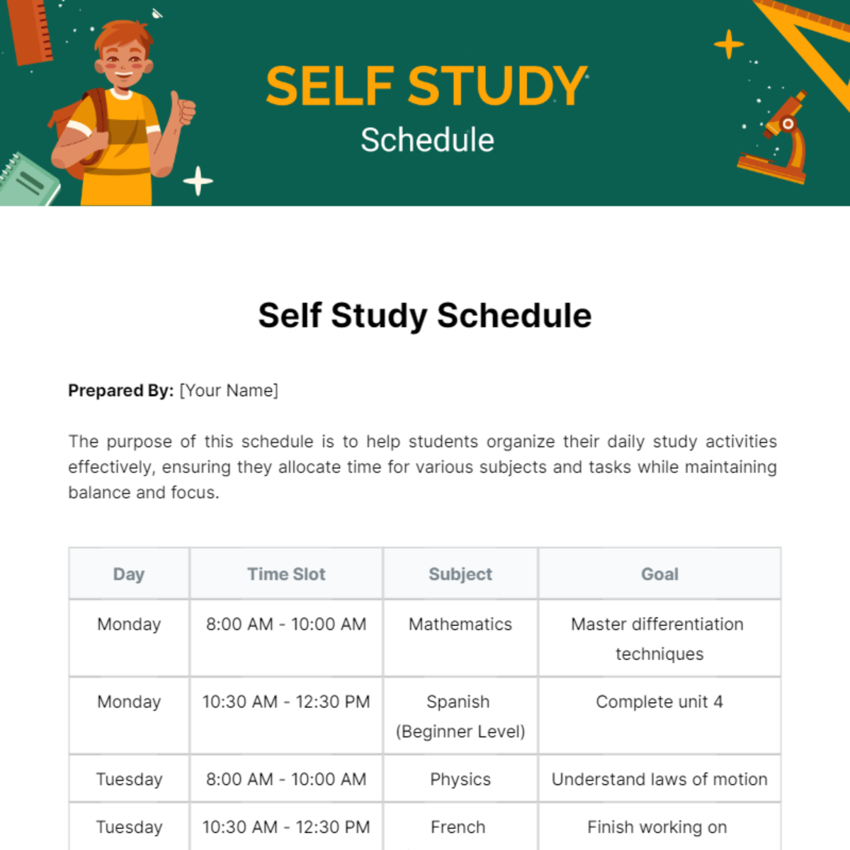 Self Study Schedule Template - Edit Online & Download